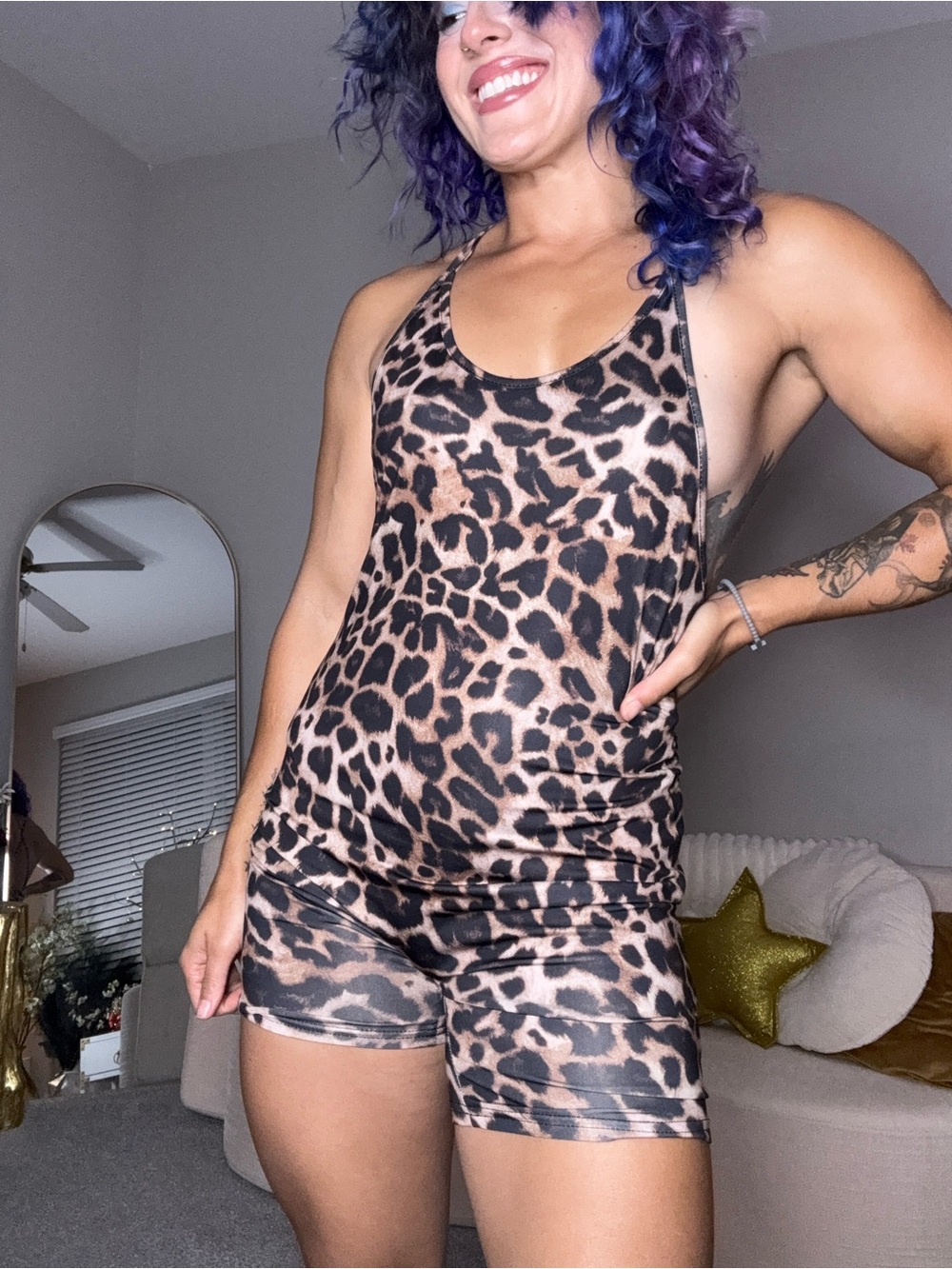 3pc outfit: leopard romper/ lace top/ black leather like mini skirt - Picture 10 of 16